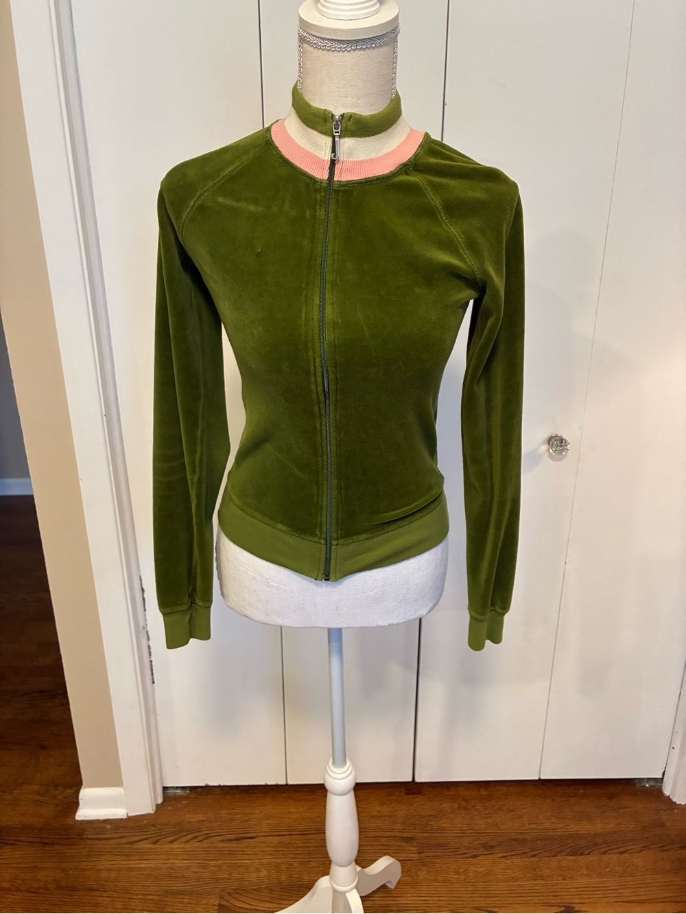 Juicy Couture Olive Green Velour Bomber with Pink Neck Trim